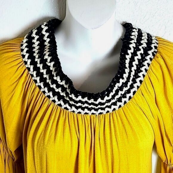Voll by Chicos Gold Blouse with Black & White Braided Cowl Neckline, Size Small - Picture 2 of 7